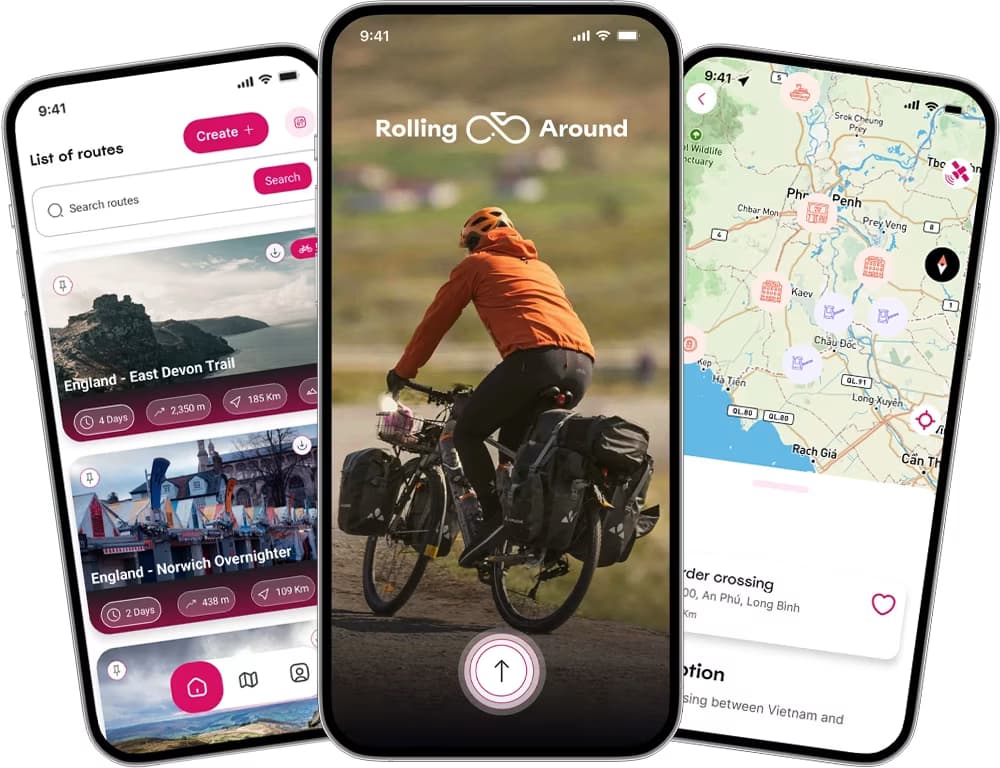 Group of bikepackers riding happily together